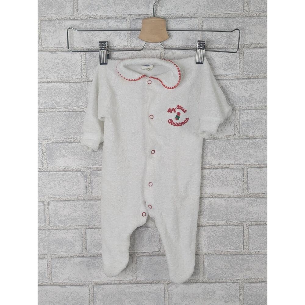 Alexis Baby's First Christmas 0-3m Romper White Red Vintage Footie PJs Baby